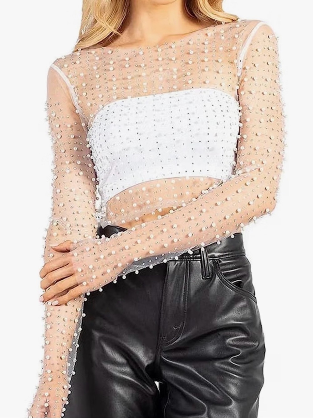 Vine Tree USA Pearl Mesh Crop Top Size S Sheer Long Sleeve
Rhinestone